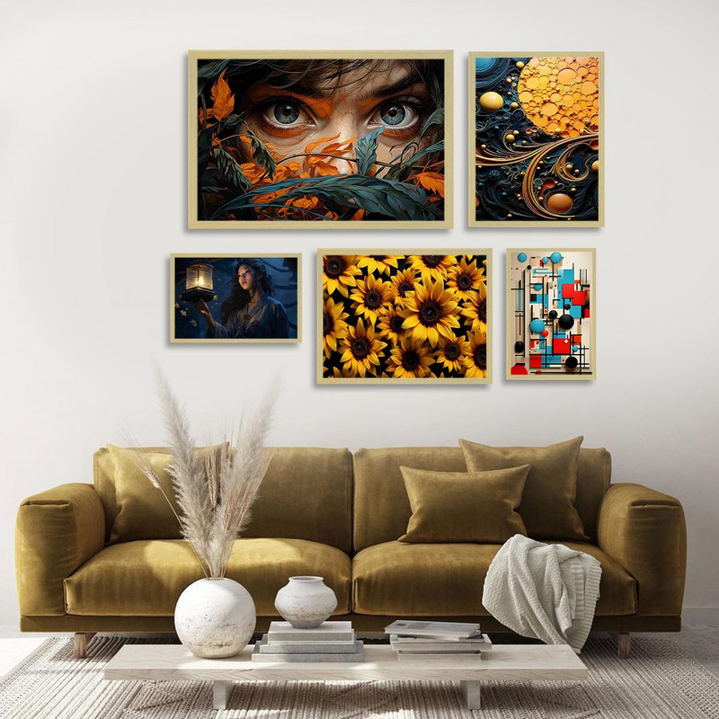 تابلو بکلیت طرح گل آفتابگردان و پرتره مدل BE-1331 مجموعه 5 عددی