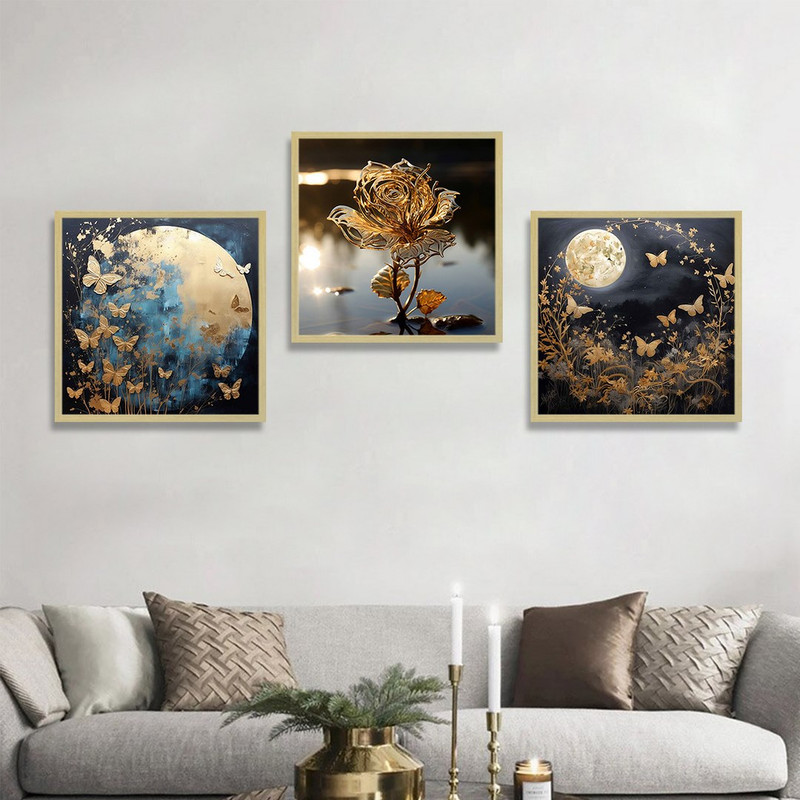 تابلو بکلیت طرح نقاشی طلاکوب ماه و پروانه مدل BE-1274 مجموعه 3 عددی