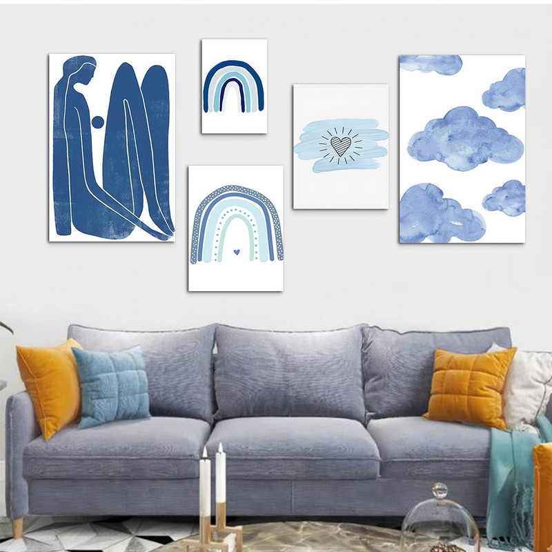 تابلو شاسی بکلیت طرح نقاشی مینیمال آبی مدل SH-1091 مجموعه 5 عددی