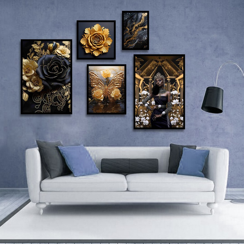 تابلو بکلیت طرح رزین گل و پروانه طلایی مدل B-1244 مجموعه 5 عددی