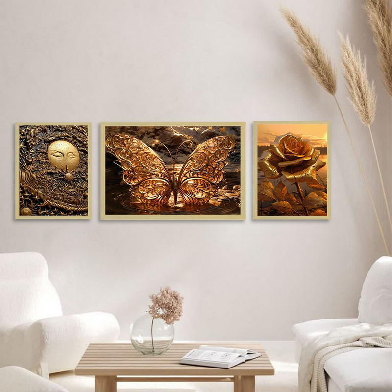 تابلو بکلیت طرح گل و پروانه طلایی مدل BE-1240 مجموعه 3 عددی