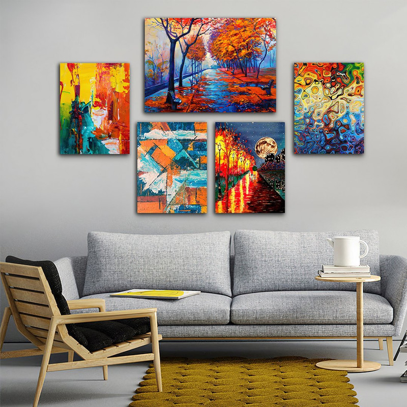 تابلو شاسی بکلیت طرح نقاشی رنگ روغن فصل پاییزی مدل SH-663 مجموعه 5 عددی