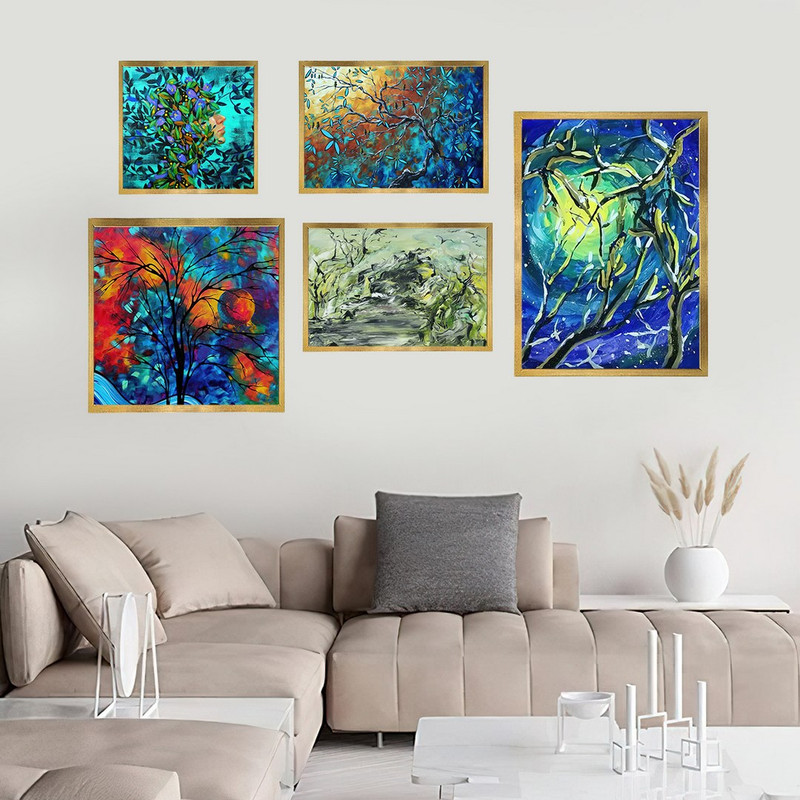 تابلو بکلیت طرح نقاشی رنگ روغن طبیعت مدل T-902 مجموعه 5 عددی