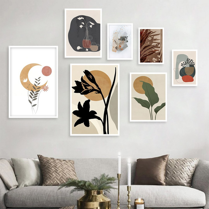 تابلو بکلیت مدل طرح نقاشی مینیمال و برگ و ماه W-995  مجموعه 7 عددی