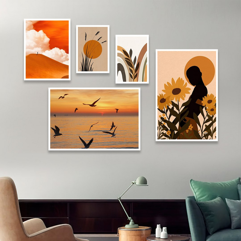 تابلو بکلیت مدل طرح مینیمال گل افتابگردان و غروب W-991  مجموعه 5 عددی