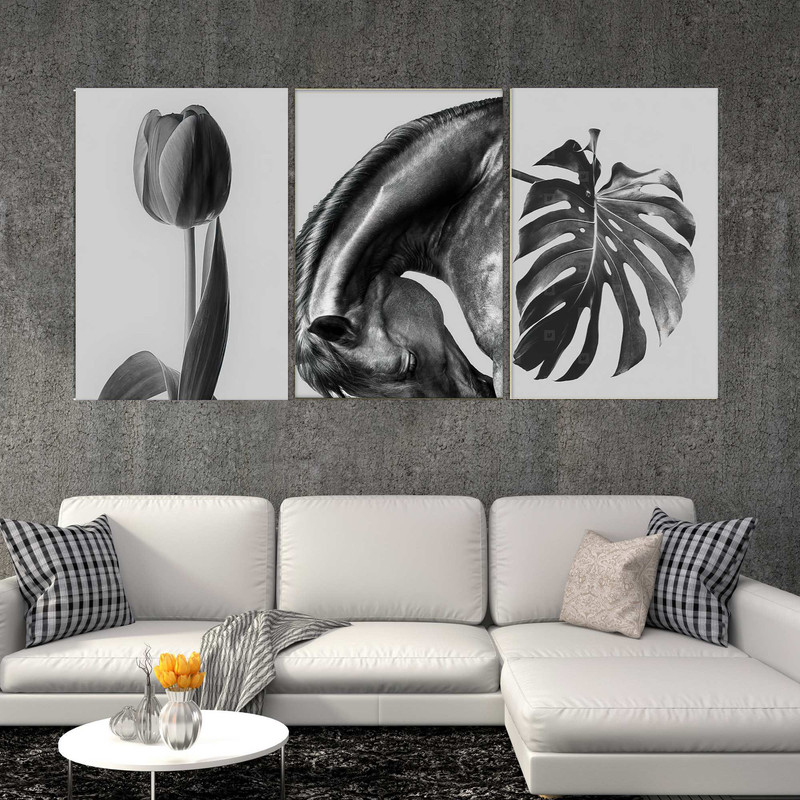 تابلو شاسی بکلیت طرح مدرن گل لاله و برگ انجیری مدل SH-1524 مجموعه 3 عددی