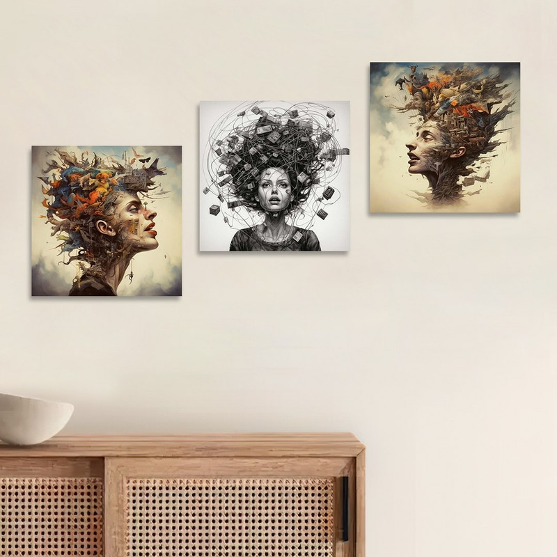 تابلو شاسی بکلیت طرح نقاشی مدرن چهره مدل SH-1373 مجموعه 3 عددی