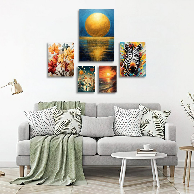 تابلو شاسی بکلیت طرح نقاشی پاییزی و غروب خورشید مدل SH-1360 مجموعه 5 عددی