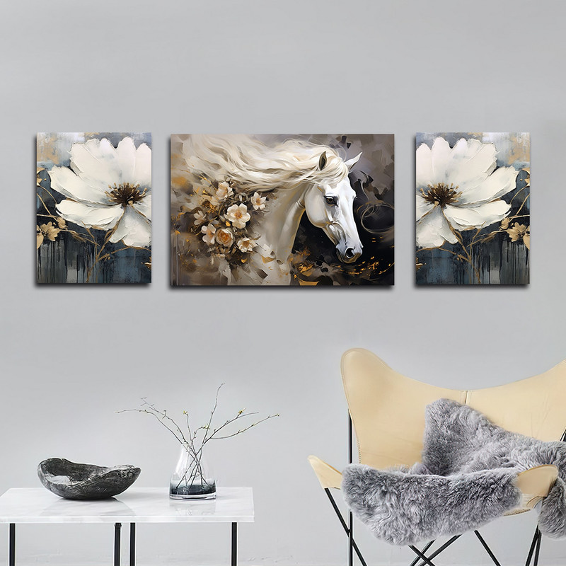 تابلو شاسی بکلیت طرح نقاشی مدرن رنگ روغن گل و اسب مدل SH-1625 مجموعه 3 عددی