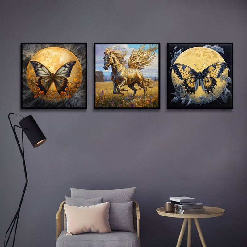 تابلو بکلیت طرح اسب و پروانه طلایی مدل B-1225 مجموعه 3 عددی