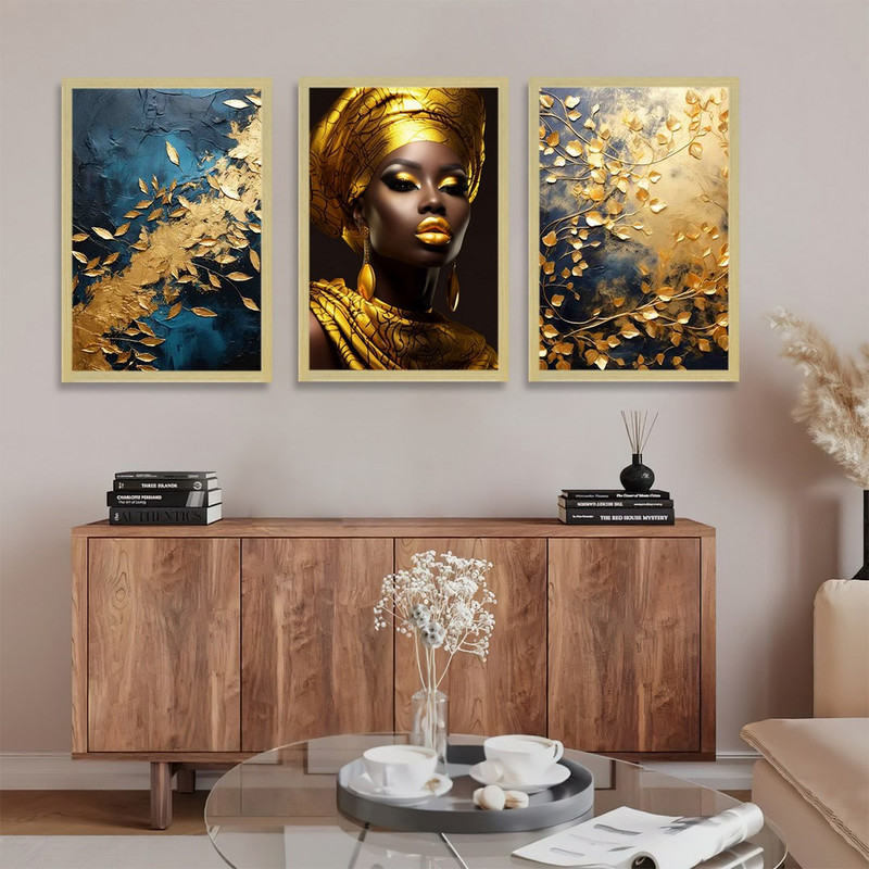 تابلو بکلیت طرح مدرن دختر سیاه پوست و برگ طلایی مدل BE-1221 مجموعه 3 عددی