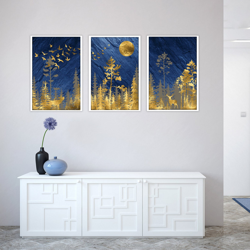 تابلو بکلیت طرح مدرن ورق طلا طبیعت و گوزن  مدل W-1894 مجموعه 3 عددی