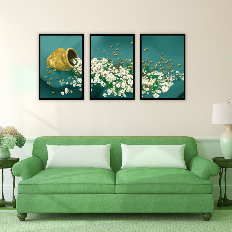 تابلو بکلیت طرح مدرن گل بابونه و پروانه مدل B-1906 مجموعه 3 عددی