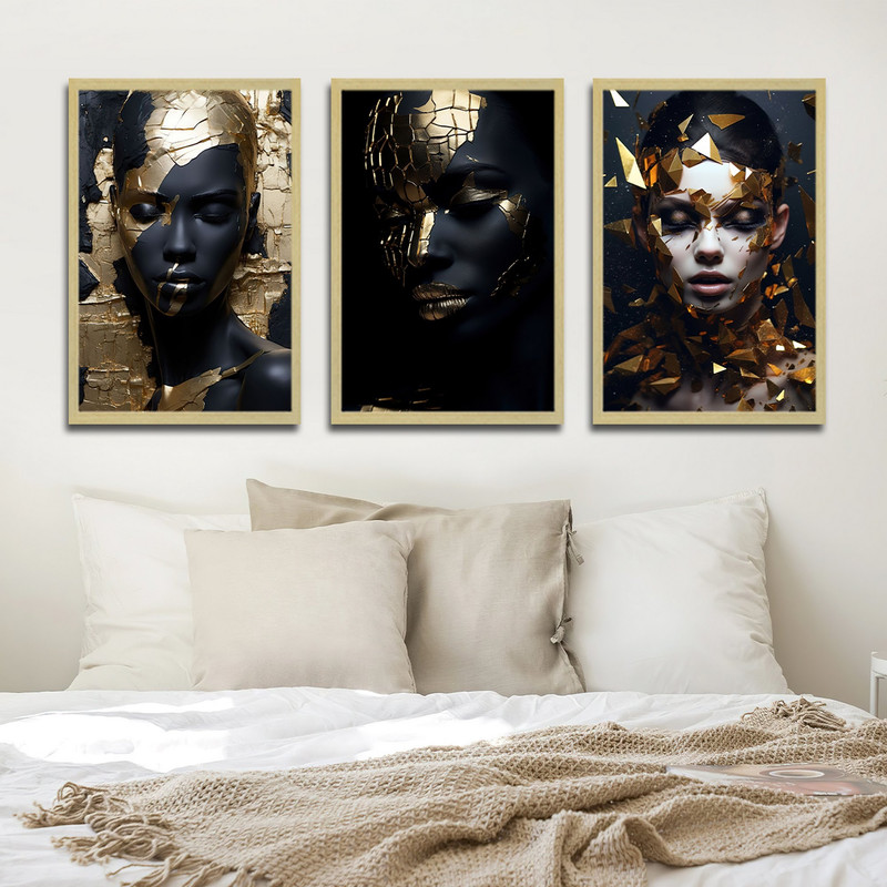 تابلو بکلیت طرح مدرن ورق طلا چهره مدل BE-1836 مجموعه 3 عددی