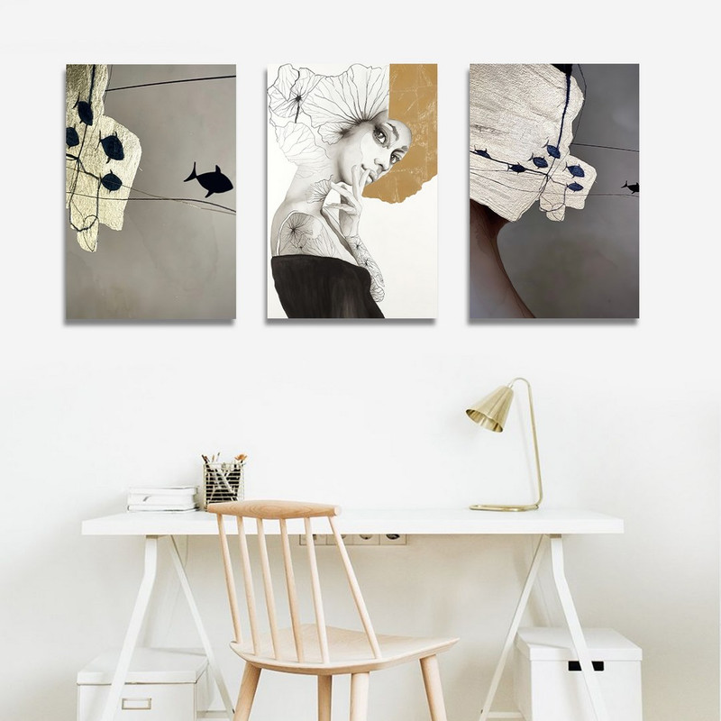 تابلو شاسی بکلیت طرح دکوری مدرن نقاشی رنگ روغن طلایی مدل SH-1445 مجموعه 3 عددی