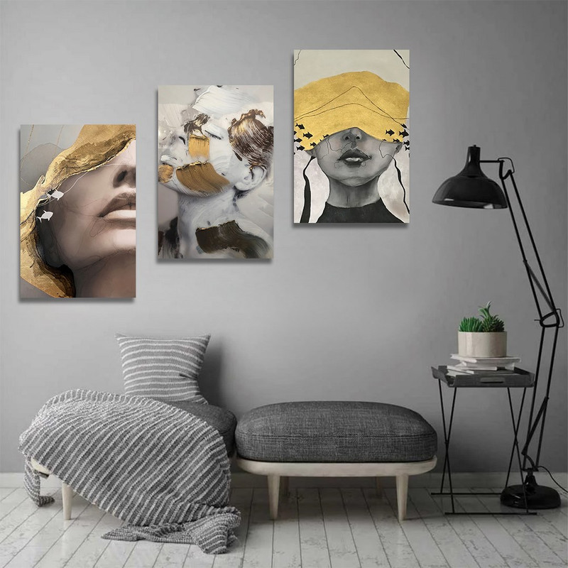تابلو شاسی بکلیت طرح نقاشی دکوری مدرن چهره طلایی مدل SH-1444 مجموعه 3 عددی