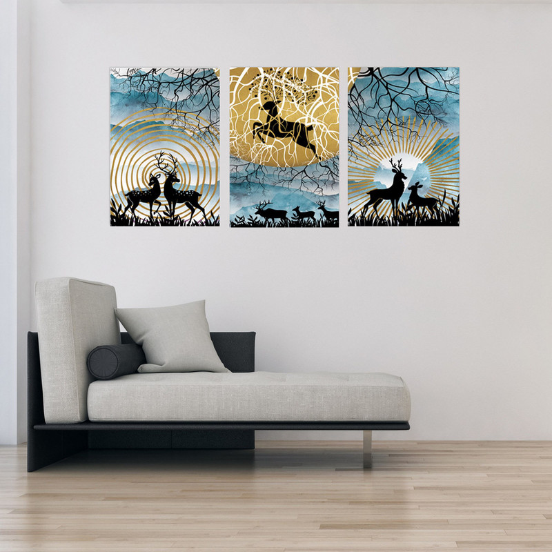 تابلو شاسی بکلیت طرح مدرن طبیعت و گوزن مدل SH-1898 مجموعه 3 عددی