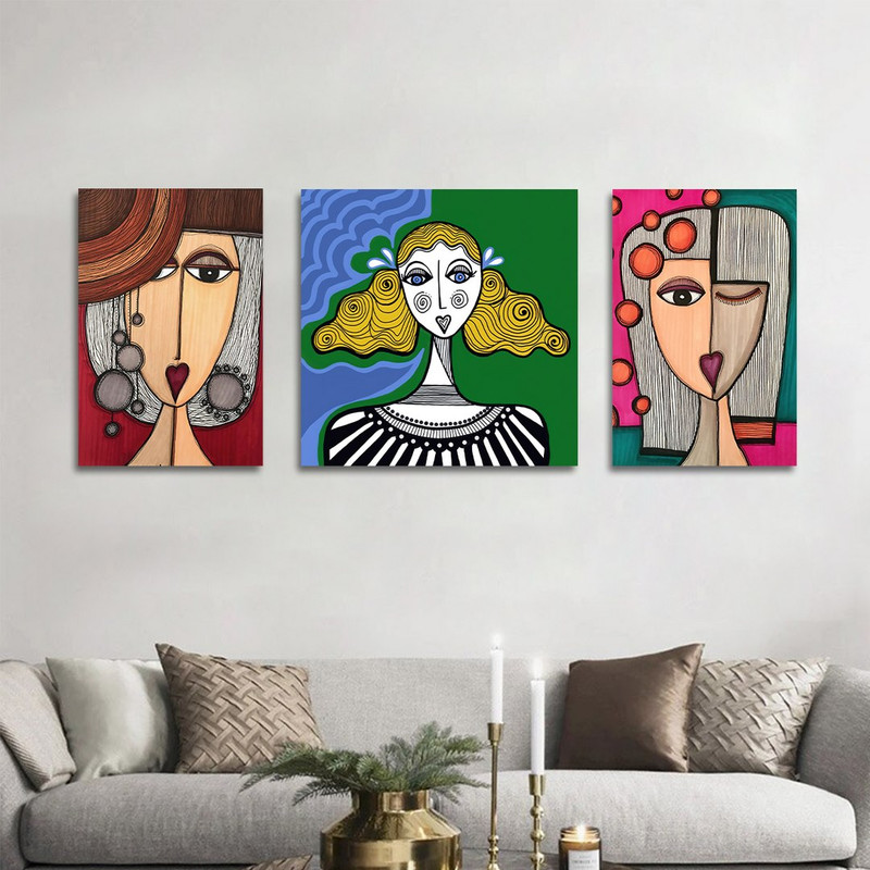 تابلو شاسی بکلیت طرح نقاشی دکوراتیو مدرن سبک کوبیسم مدل SH-1406 مجموعه 3 عددی