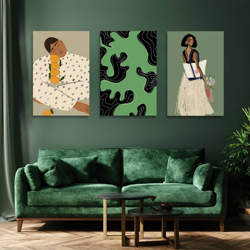 تابلو شاسی بکلیت طرح نقاشی دکوراتیو مدرن سبک کوبیسم مدل SH-1417 مجموعه 3 عددی