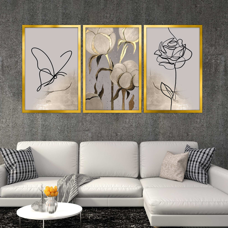 تابلو بکلیت طرح نقاشی مینیمال گل و پروانه مدل T-1558 مجموعه 3 عددی