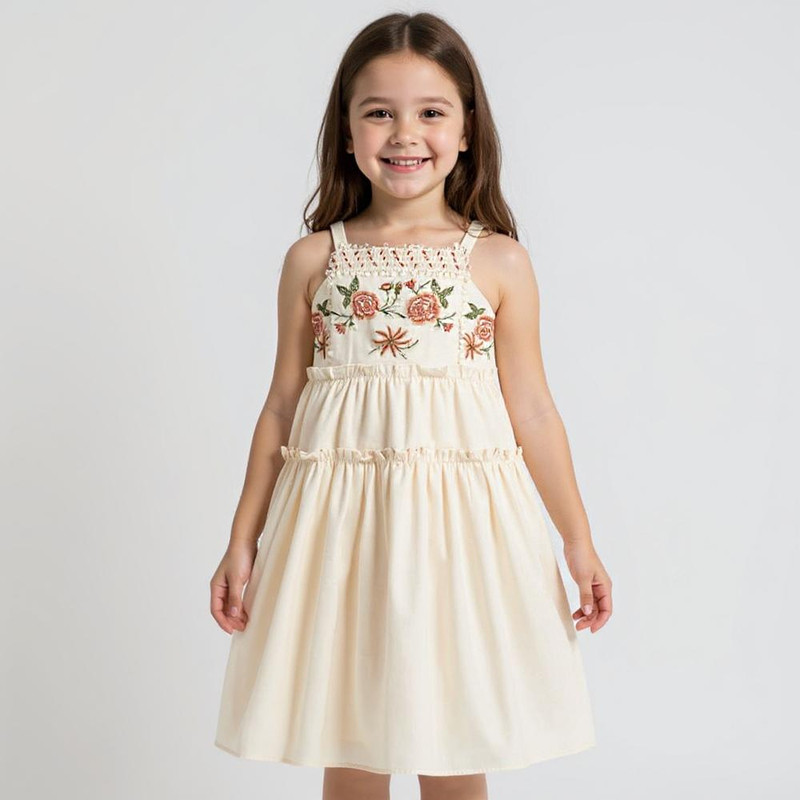 پیراهن بدون آستین یقه خشتی دخترانه مدل گلدوزی کد pk-zr رنگ کرم