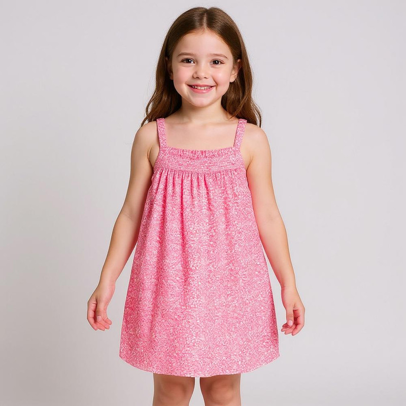 پیراهن بدون آستین یقه خشتی دخترانه مدل گل ریز کد pn رنگ صورتی