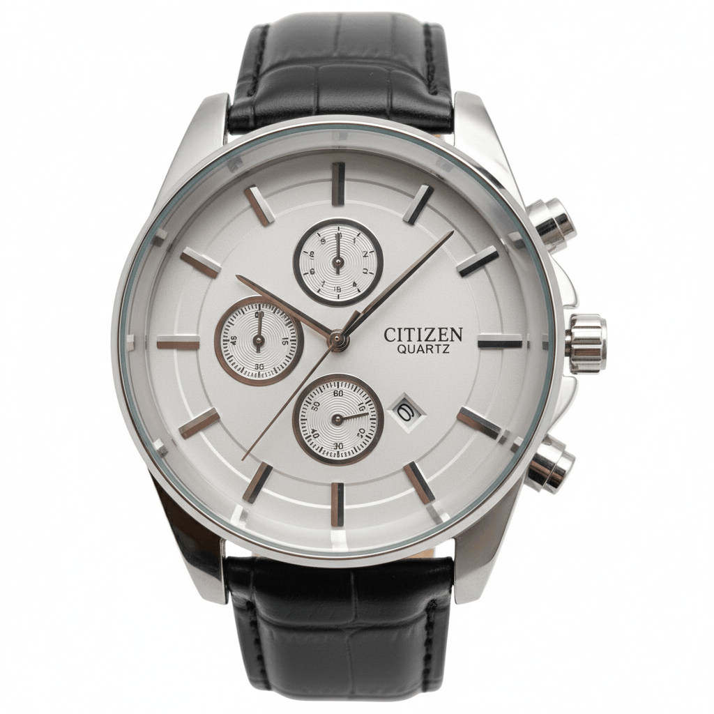 ساعت سیتیزن استیل صفحه سفید چرمی طرح سه موتور مردانه