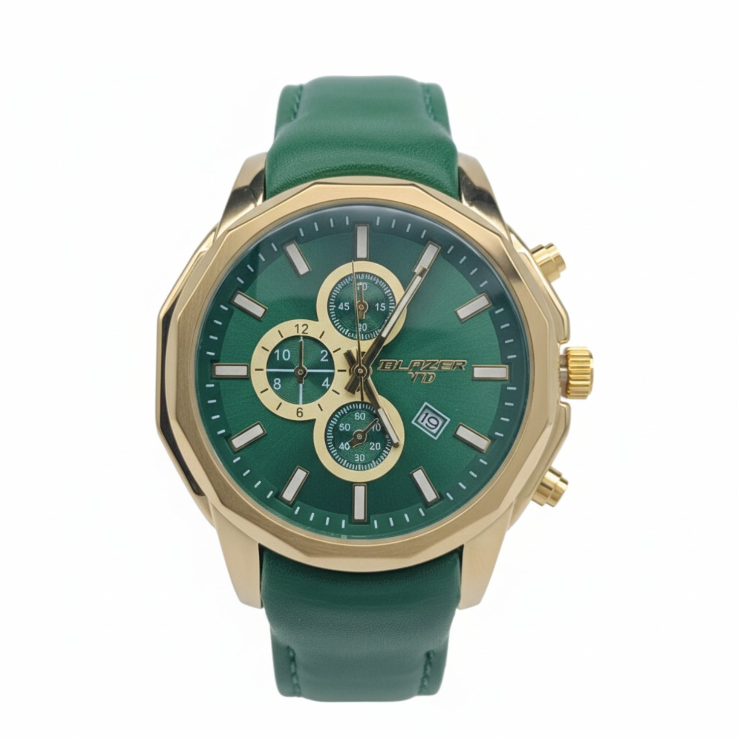 ساعت بلیزر طلایی صفحه سبز چرمی طرح سه موتور فرانس 3155 مردانه