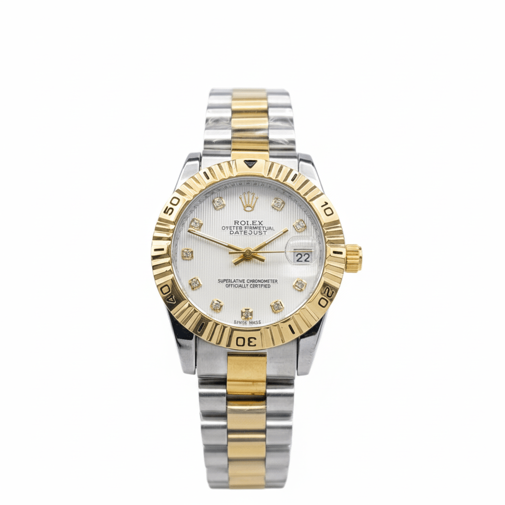 ساعت رولکس دیت جاست دو رنگ طلایی صفحه سفید نگین دار زنانه
