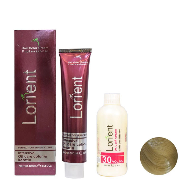 رنگ مو لورینت شماره M10 حجم 100 میلی لیتر رنگ بلوند زیتونی پلاتینه به همراه اکسیدان شماره 2 نه درصدی حجم 125 میلی لیتر