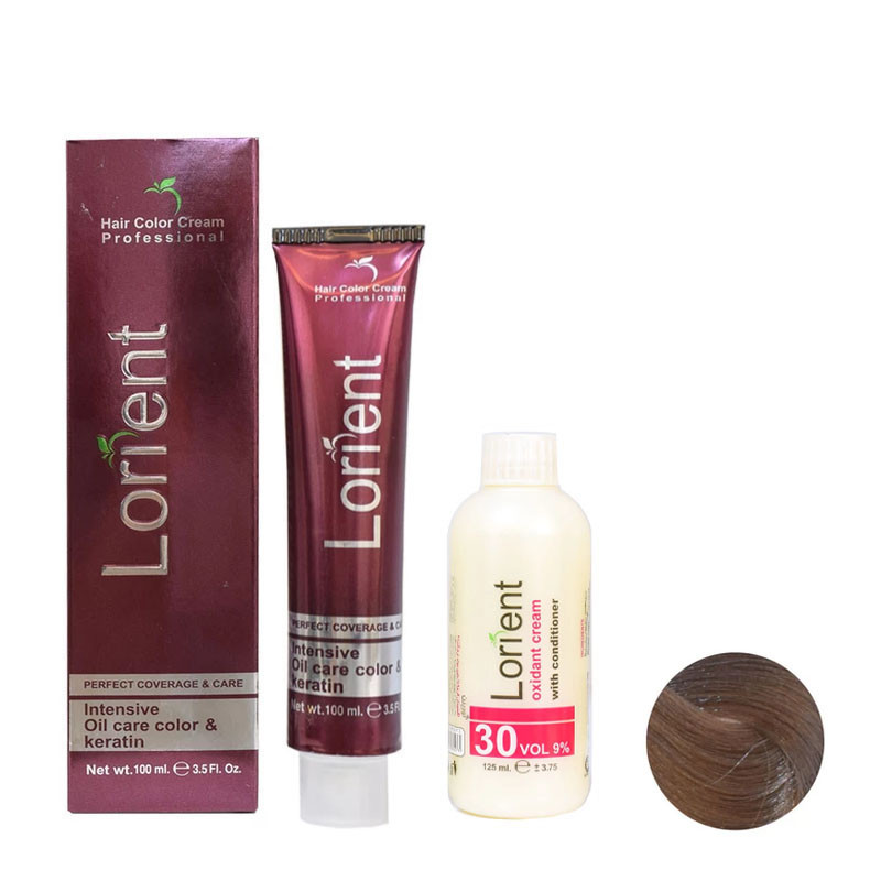 رنگ مو لورینت شماره C6 حجم 100 میلی لیتر رنگ بلوند دودی متوسط به همراه اکسیدان مدل 2 نه درصدی حجم 125 میلی لیتر