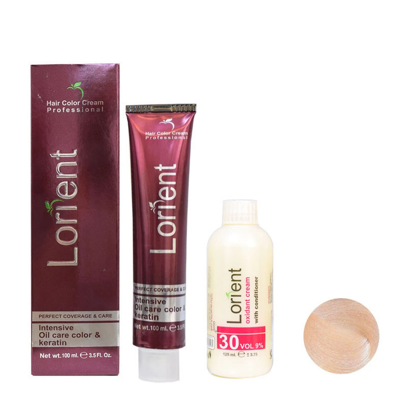 رنگ مو لورینت شماره 12.9 حجم 100 میلی لیتر رنگ سوپر پلاتین صدفی به همراه اکسیدان شماره 2 نه درصدی حجم 125 میلی لیتر