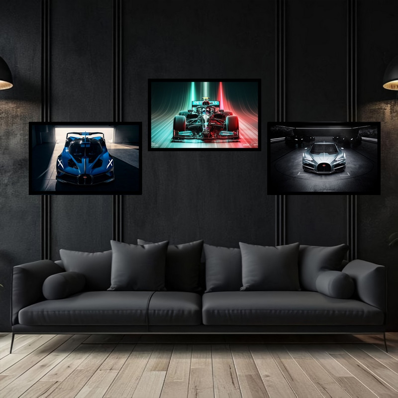 تابلو بکلیت طرح دکوری ماشین لوکس و مدرن مسابقه و فرمول یک مدل B-bu3778 مجموعه 3 عددی