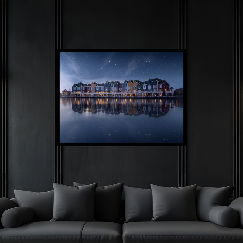 تابلو بکلیت طرح کلاسیک نوستالژی منظره شهری ساختمان چوبی و کلبه  مدل B-bu6618 فریم مشکی