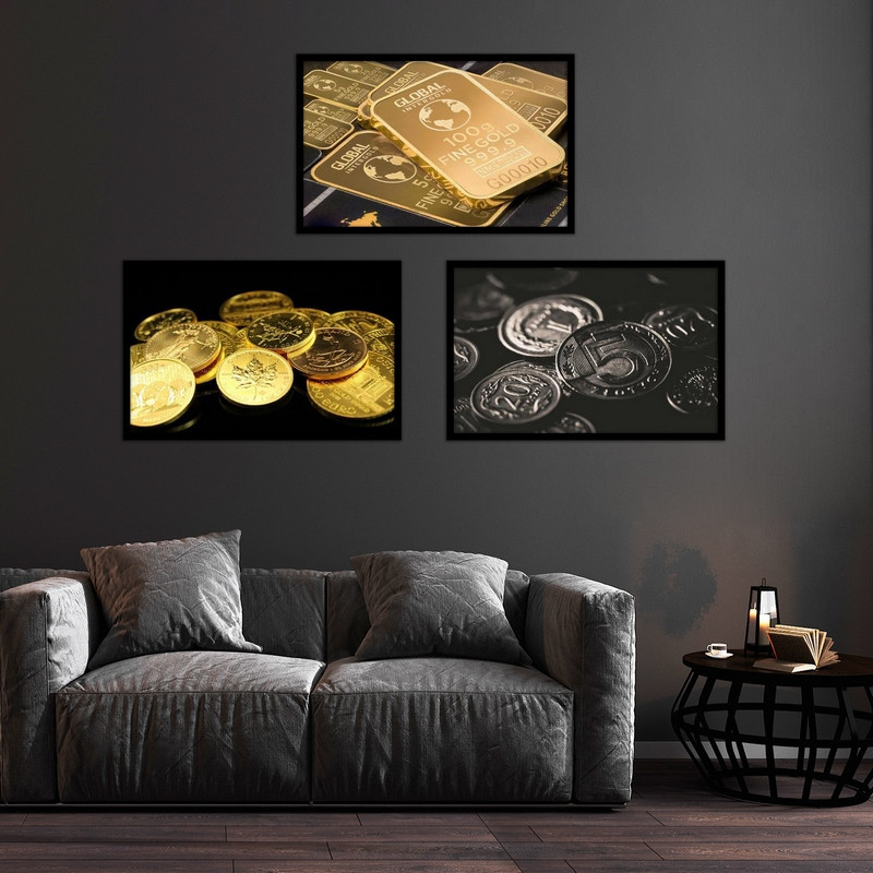 تابلو بکلیت طرح تصویر سکه و طلا سرمایه گذاری مدل B-bu3723 مجموعه 3 عددی