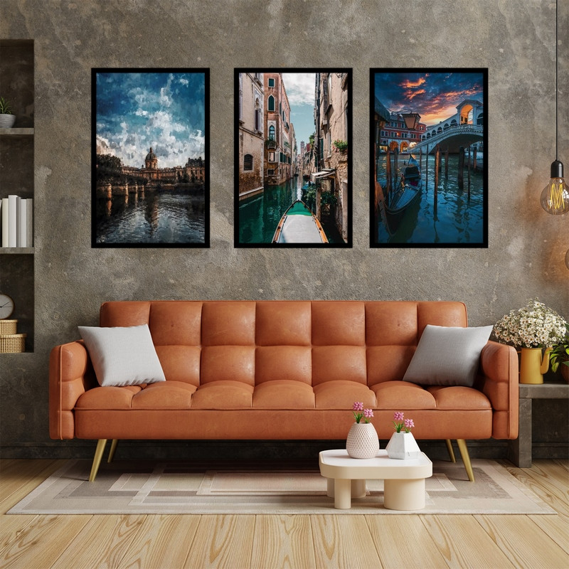 تابلو بکلیت طرح هنری دکوراتیو کلاسیک قایق و کشتی منظره شهری و شهر  مجموعه 3 عددی مدل B-bu3704