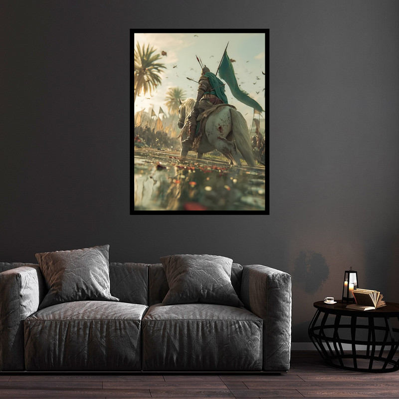 تابلو بکلیت طرح تصویر مذهبی کربلا حضرت ابوالفضل عباس و روز عاشورا مدل B-bu5616 فریم مشکی