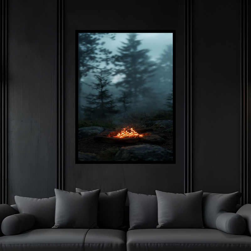 تابلو بکلیت طرح منظره طبیعت و جنگل درخت و هیزم وآتش و طبیعت گردی و گردشگری مدل B-bu6013 فریم مشکی