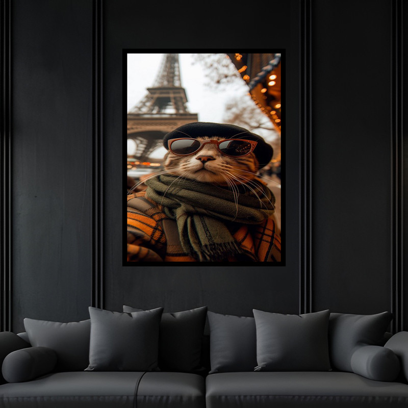 تابلو بکلیت طرح منظره شهری پاریس برج ایفل دکوری فانتزی حیوانات گربه مدل B-bu6738 فریم مشکی