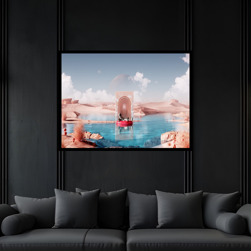 تابلو بکلیت طرح دکوری فانتزی فضا و کهکشان فضانورد کره و سیاره مدل B-bu6630 فریم مشکی