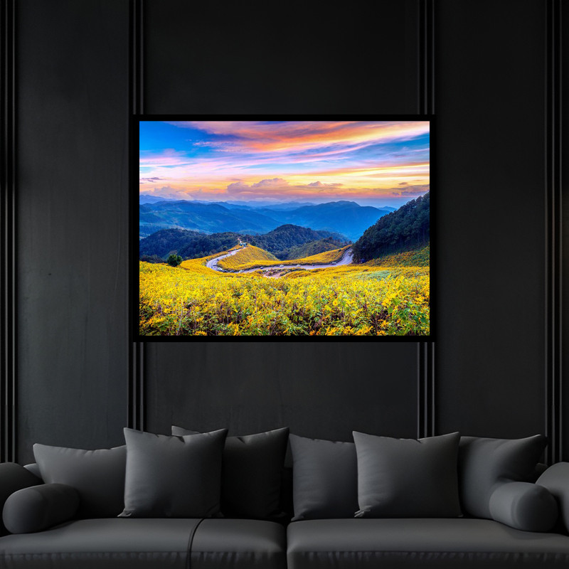 تابلو بکلیت طرح  هنری دکوراتیو منظره طبیعت دشت و جنگل مدل B-bu6582 فریم مشکی