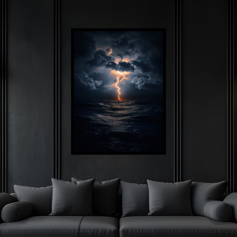 تابلو بکلیت طرح دکوری و دکوراتیو دریا طوفانی و رعد و برق مدل B-bu5958 فریم مشکی