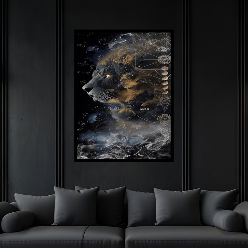 تابلو بکلیت طرح هنری دکوراتیو فضا و کهکشان سیاره و ستاریه و صحابی دکوری حیوانات شیر مدل B-bu6151 فریم مشکی