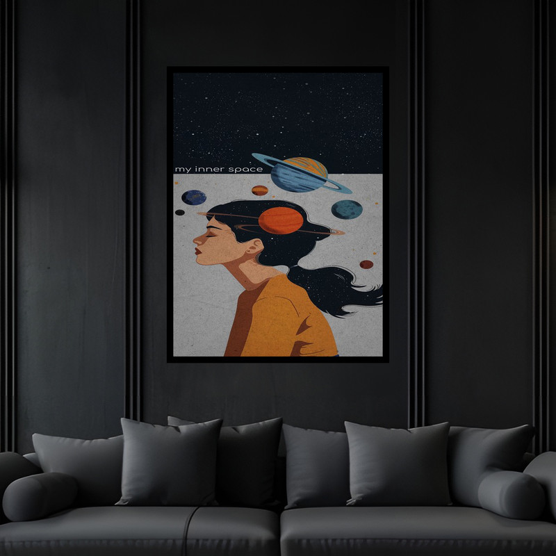 تابلو بکلیت طرح فضا و کهکشان سیاره و ستاره مدل B-bu6062 فریم مشکی