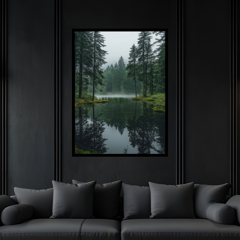 تابلو بکلیت طرح منظره دکوری طبیعت و جنگل برکه و دریاچه و رودخانه مدل B-bu5916 فریم مشکی