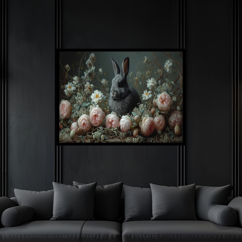 تابلو بکلیت طرح دکوراتیو هنری منظره طبیعت گل و خرگوش  مدل B-bu6553 فریم مشکی