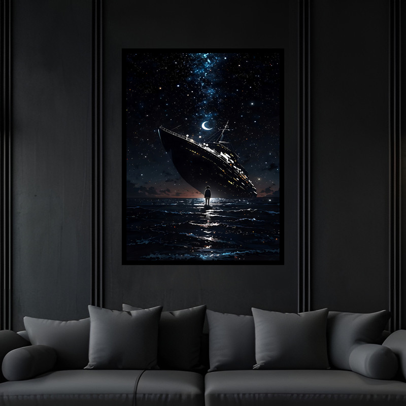 تابلو بکلیت طرح تخیلی کشتی و دکوری فضا و کهکشان ستاره مدل B-bu7390 فریم مشکی
