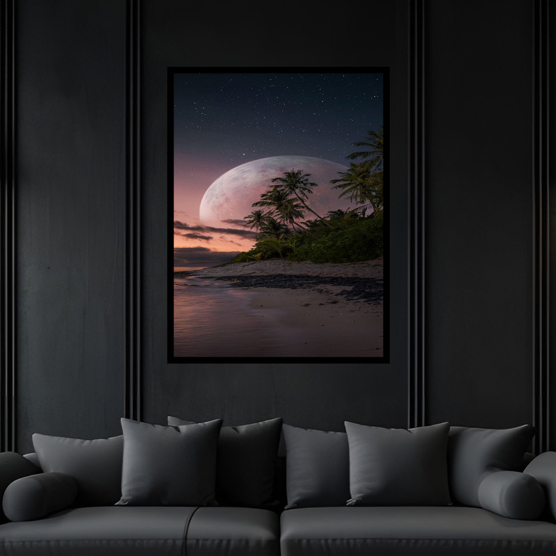 تابلو بکلیت طرح هنری دکوراتیو طبیعت دریا و ساحل و سیاره ماه مدل B-bu6304 فریم مشکی