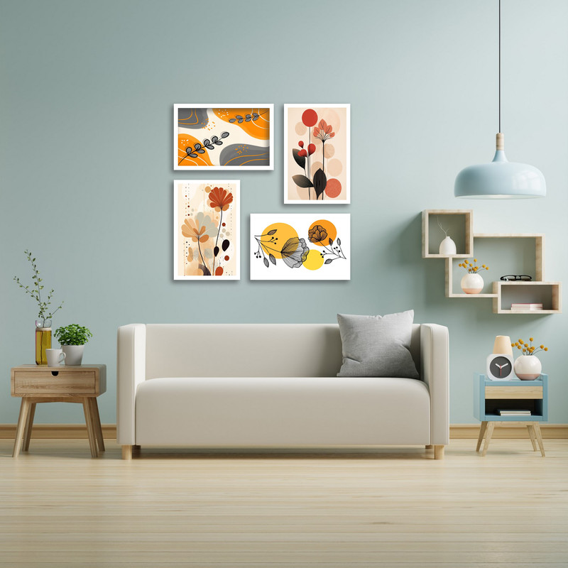 تابلو بکلیت طرح هنری مدرن و دکوری دکوراتیو کلاسیک و مینیمال  دسته گل مدل  W-bu3855 مجموعه چهار عددی فریم سفید