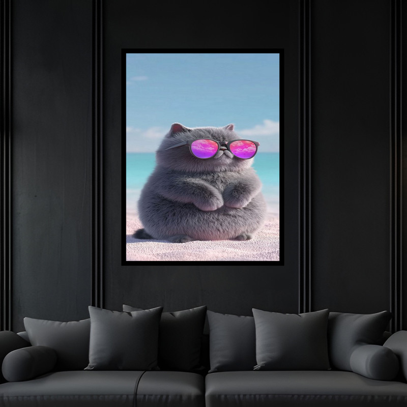 تابلو بکلیت طرح دکوری فانتزی مدرن ساحل دریا و گربه مدل B-bu6476 فریم مشکی